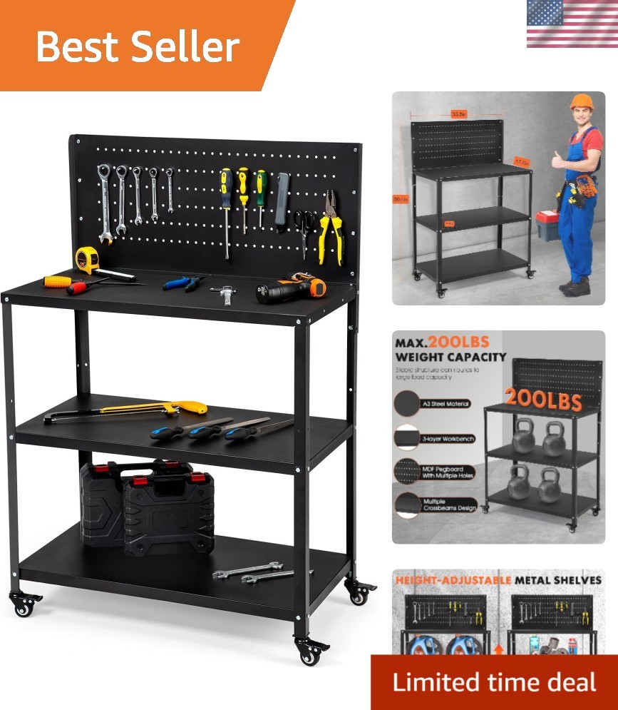 Sturdy Mobile Work Table with Lockable Wheels & Ample Storage Solutions - 600LBS