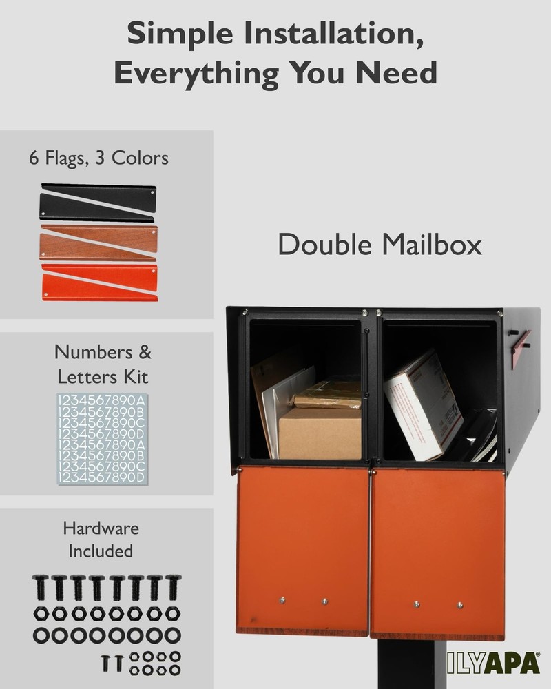 Ilyapa Black Double Mailbox, Post Mount Mailboxes for Outside- Two Sided Mail...