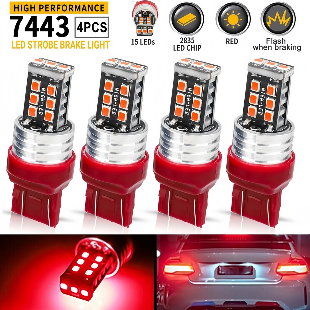 4PCS 7443 7440 LED Red Strobe Flash Blinking Brake Stop Tail Parking Light Bulbs