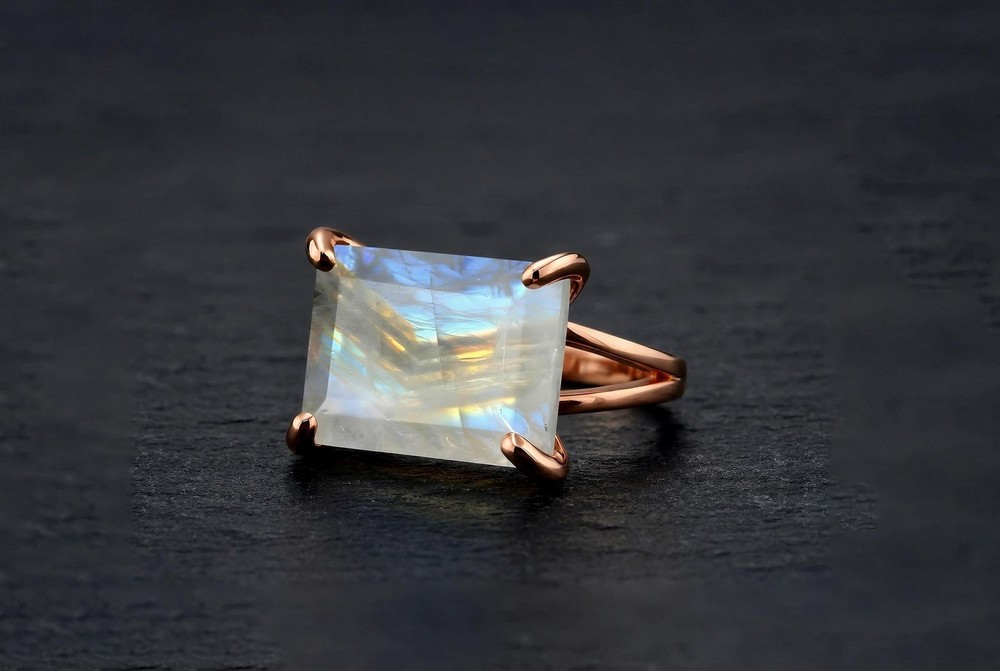 Sterling Silver Moonstone Ring Rainbow Rectangle Cut Birthstone Gift