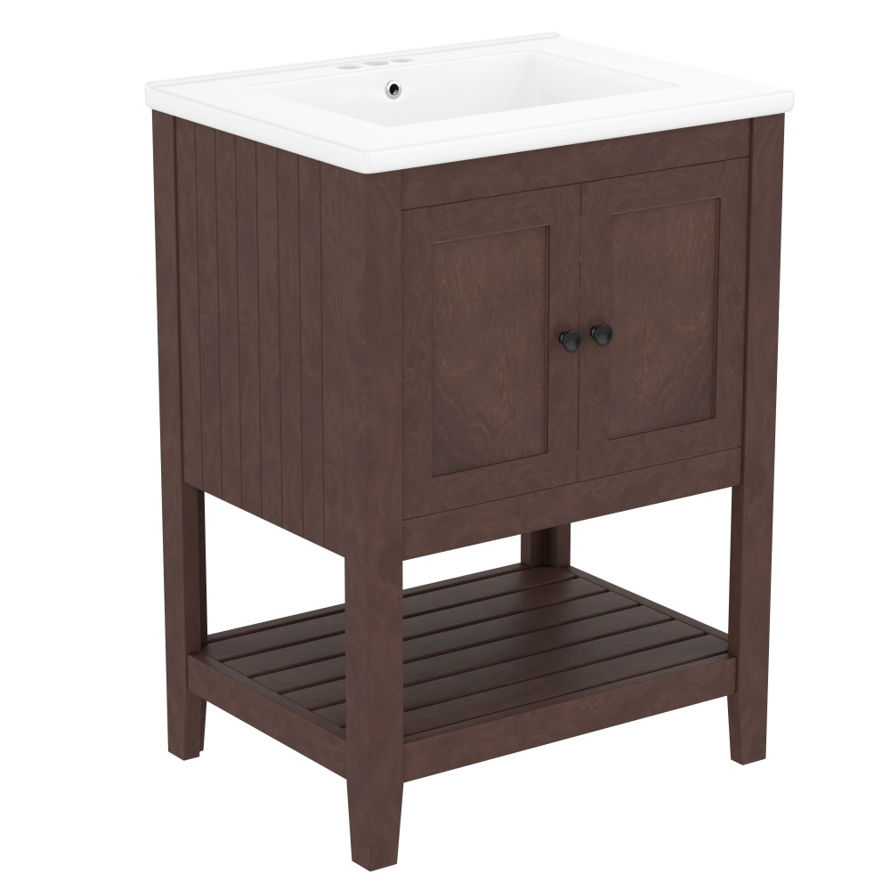 Bathroom vanity W solid wood frame Features open shelving Includes ceramic sink