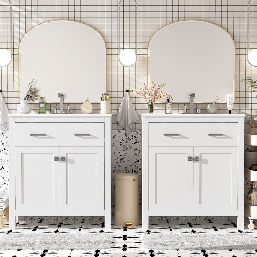 60" Modern Bathroom Vanity Set with Double Vanities，Double Ceramic Sinks White