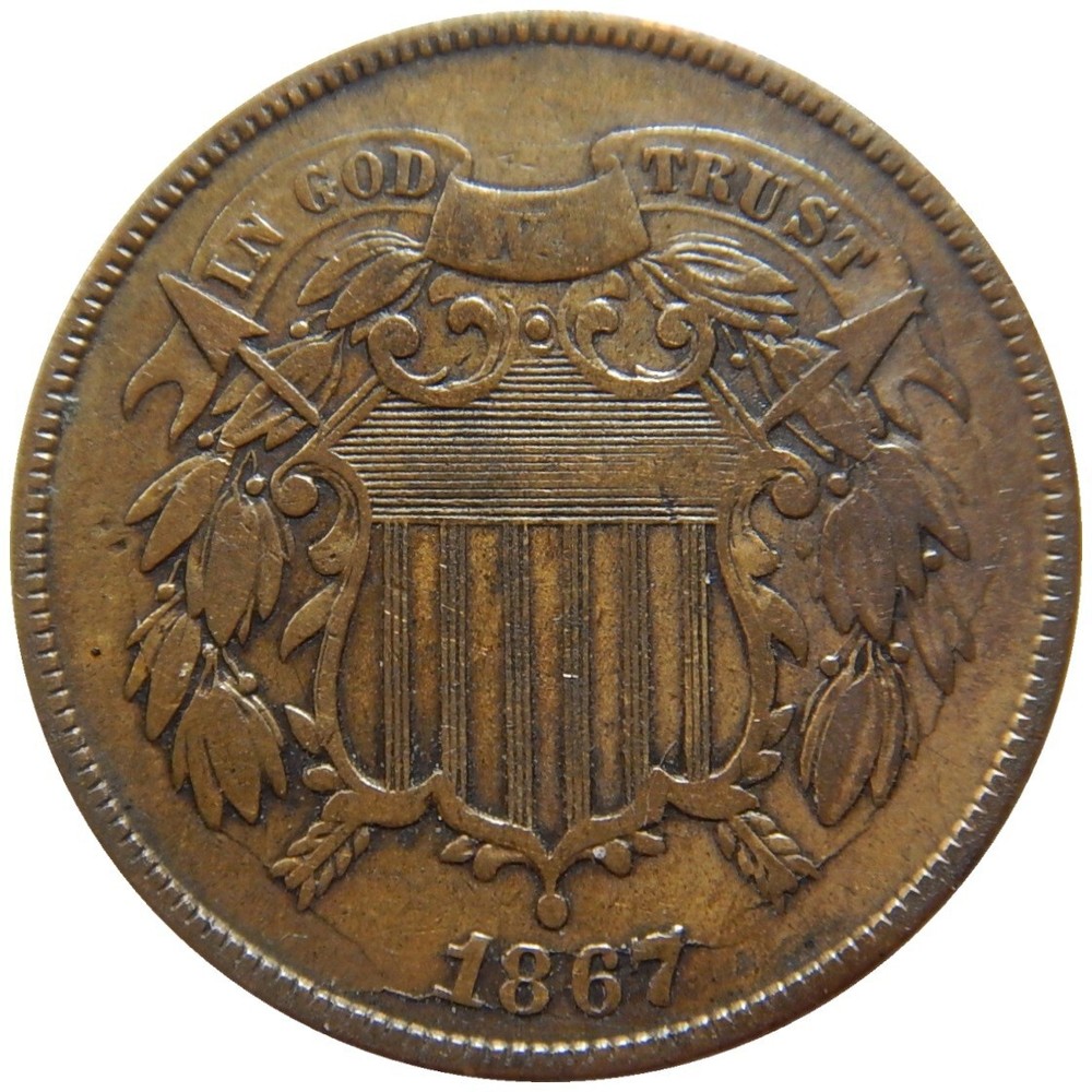 Two cent piece 1867 massive die cracks