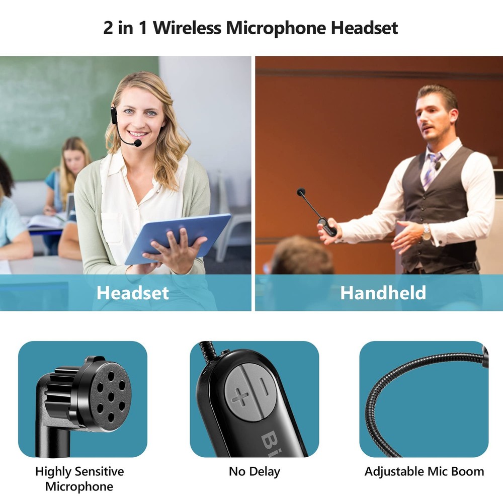 Wireless Microphone Headset with 1/4''Plug, 165ft Range, UHF Wireless Headset...