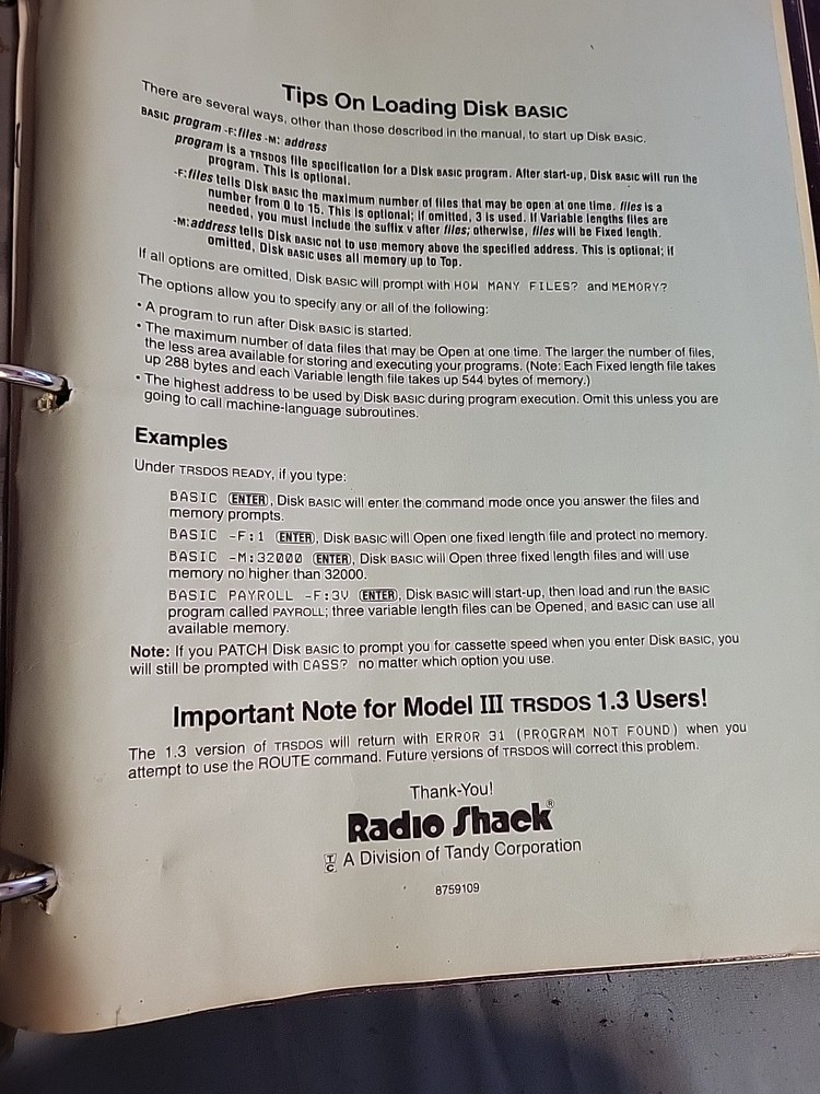 Radio Shack TRS-80 Model III 1st Computer Disk Operation System Owners Manual