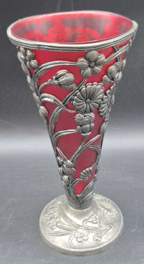 Ruby Red Vase Brass Base Vintage 10" Tall