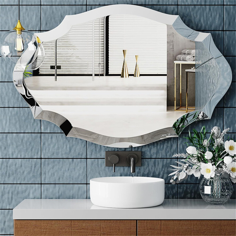 Scalloped Edged Oval Wall Mirror Frameless Wide Beveled Statement Accent Decor