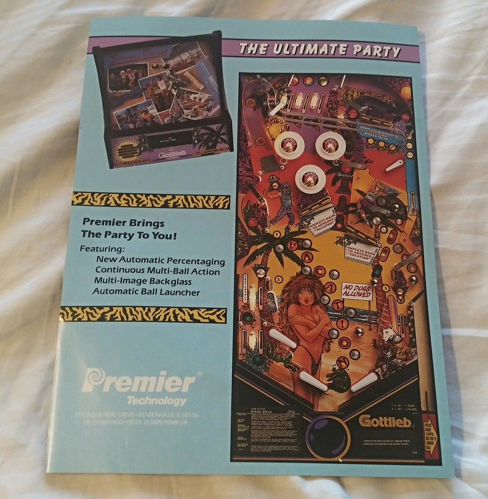 Gottlieb SPRING BREAK Original Pinball Machine Advertising Flyer NOS NICE!