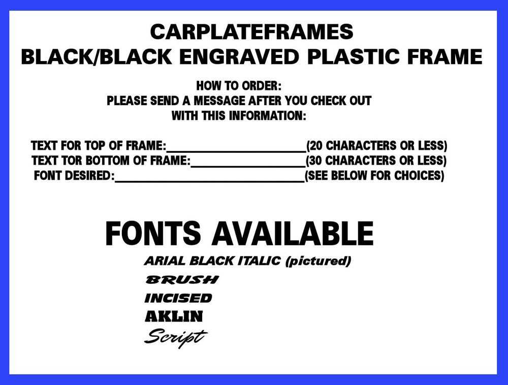 BLACK ON BLACK PLASTIC ENGRAVED CUSTOM PERSONALIZED License Plate Frame
