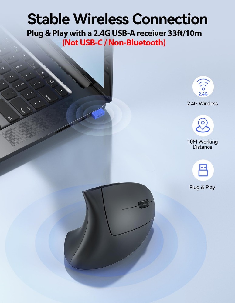 TECKNET Ergonomic Mouse, Wireless Rechargeable Vertical Mouse for Black