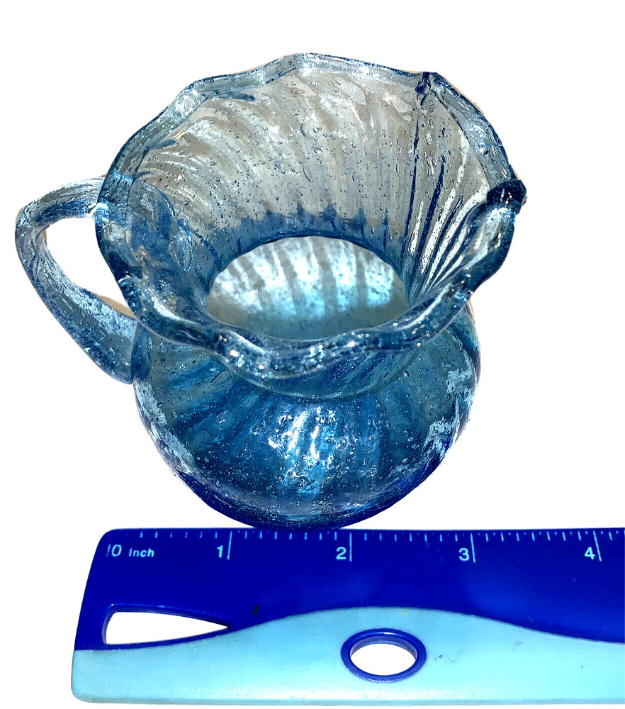 Small Hand Blown Blue Glass Creamer Pitcher w Applied Handle