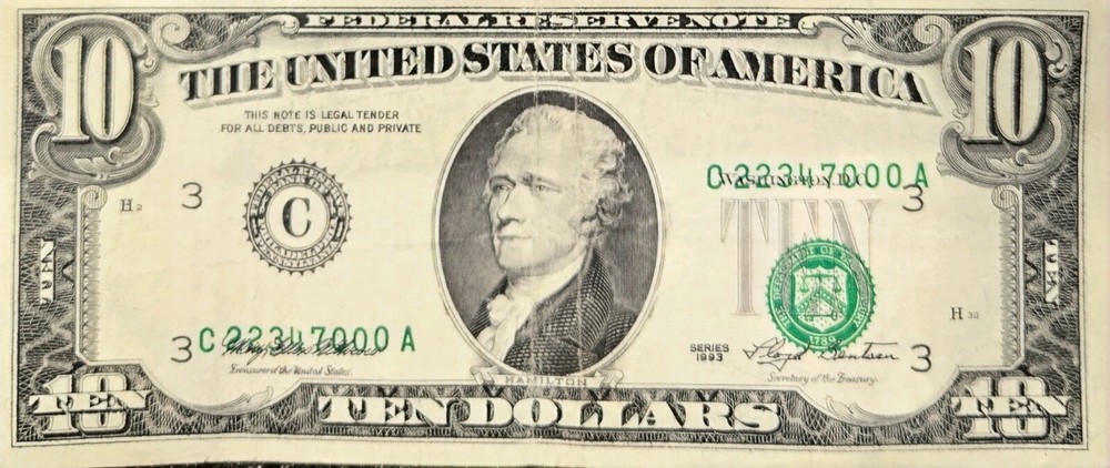 $10 1993 FRN Offset Misalignment Error Green Seal /  Serial Number Currency Note
