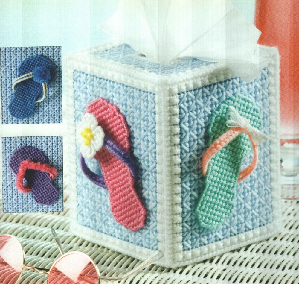 SUMMER FLIP-FLOPS TISSUE COVER HOME DECOR PLASTIC CANVAS PATTERN INSTRUCTIONS