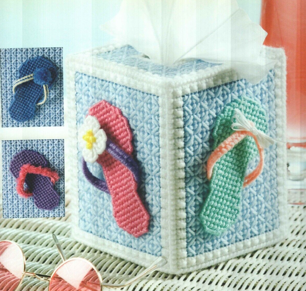 SUMMER FLIP-FLOPS TISSUE COVER HOME DECOR PLASTIC CANVAS PATTERN INSTRUCTIONS
