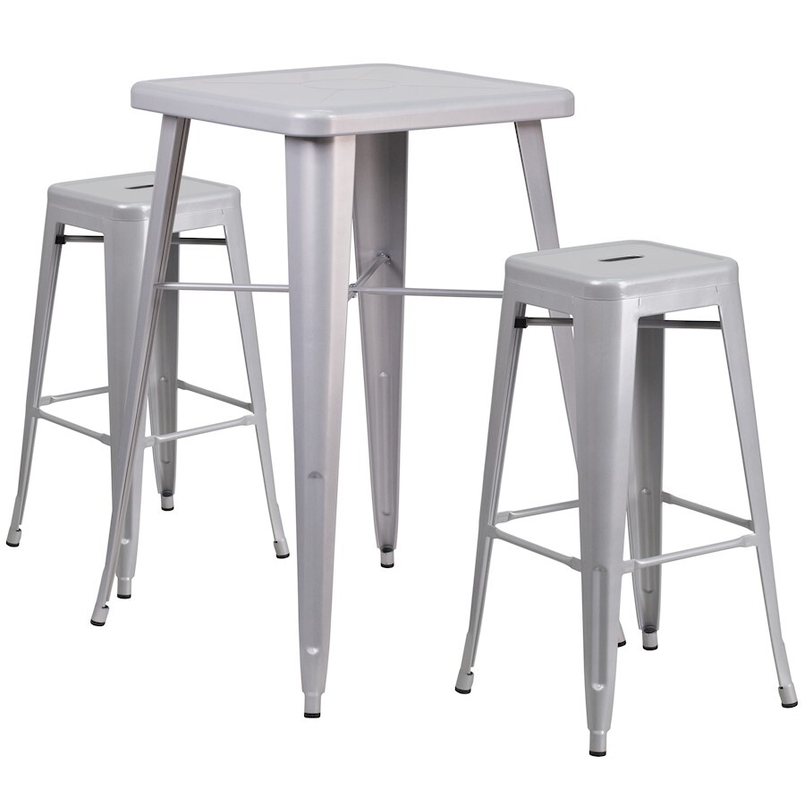 Flash Commercial 23.75" Square Silver Metal Bar Table Set, 2 Backless Stools