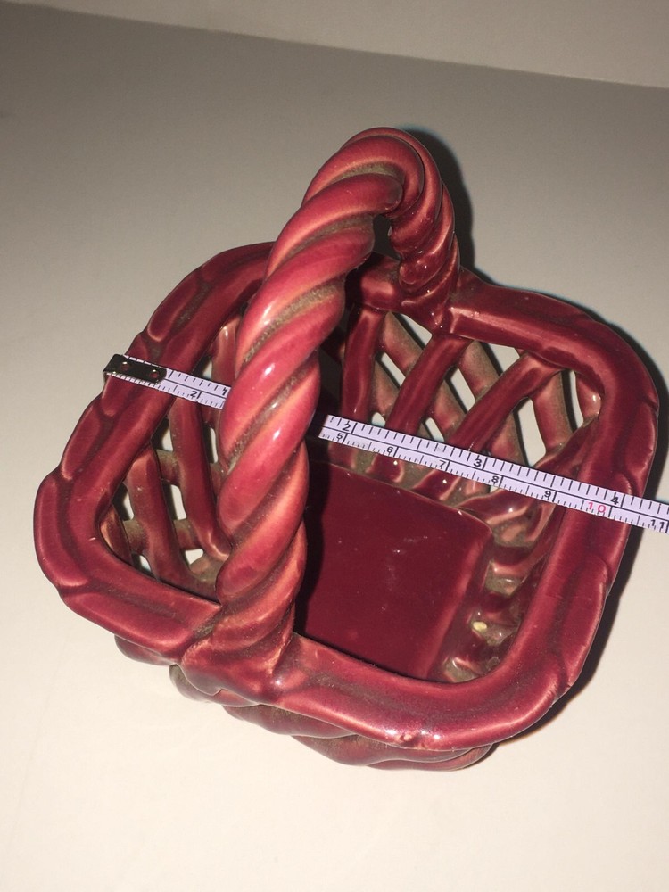 Ceramic 4" Tall Square Red Basket Open Weave Twisted Handle