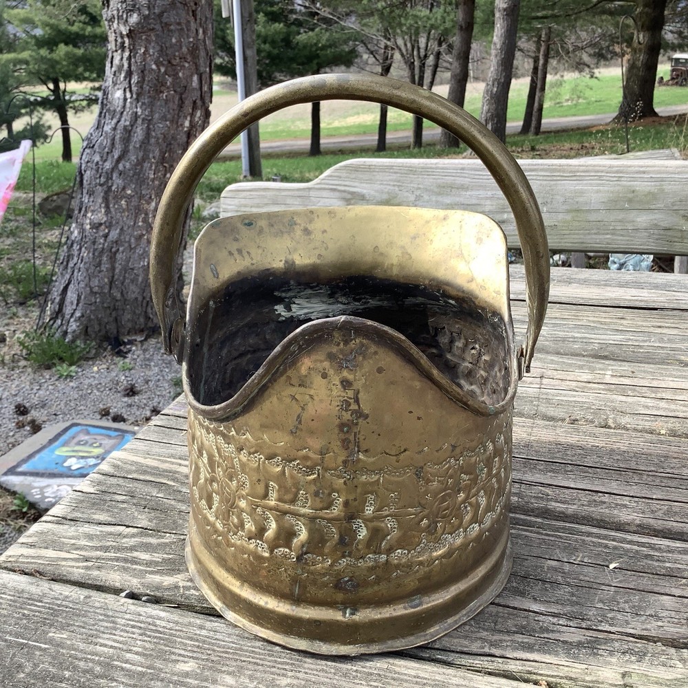 Vintage Hammered Brass Coal Scuttle Coal Bucket With Movable Handle