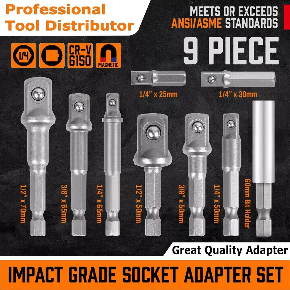 9Pcs Socket Adapter Drill Bits Set Hex Impact Driver Tools 1/4" 3/8" 1/2" Shank