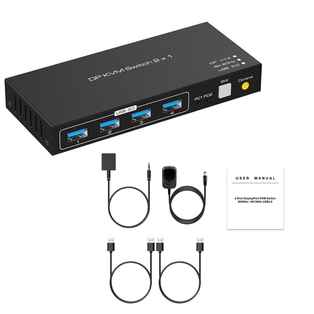 New DP KVM USB Switch 2x1 Durable Replacement For 2 Computers 1 Monitors