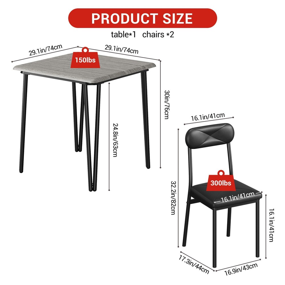 Kitchen Table w/2 Upholstered Chairs,Square Dining Table Set for 2 for Small Pla