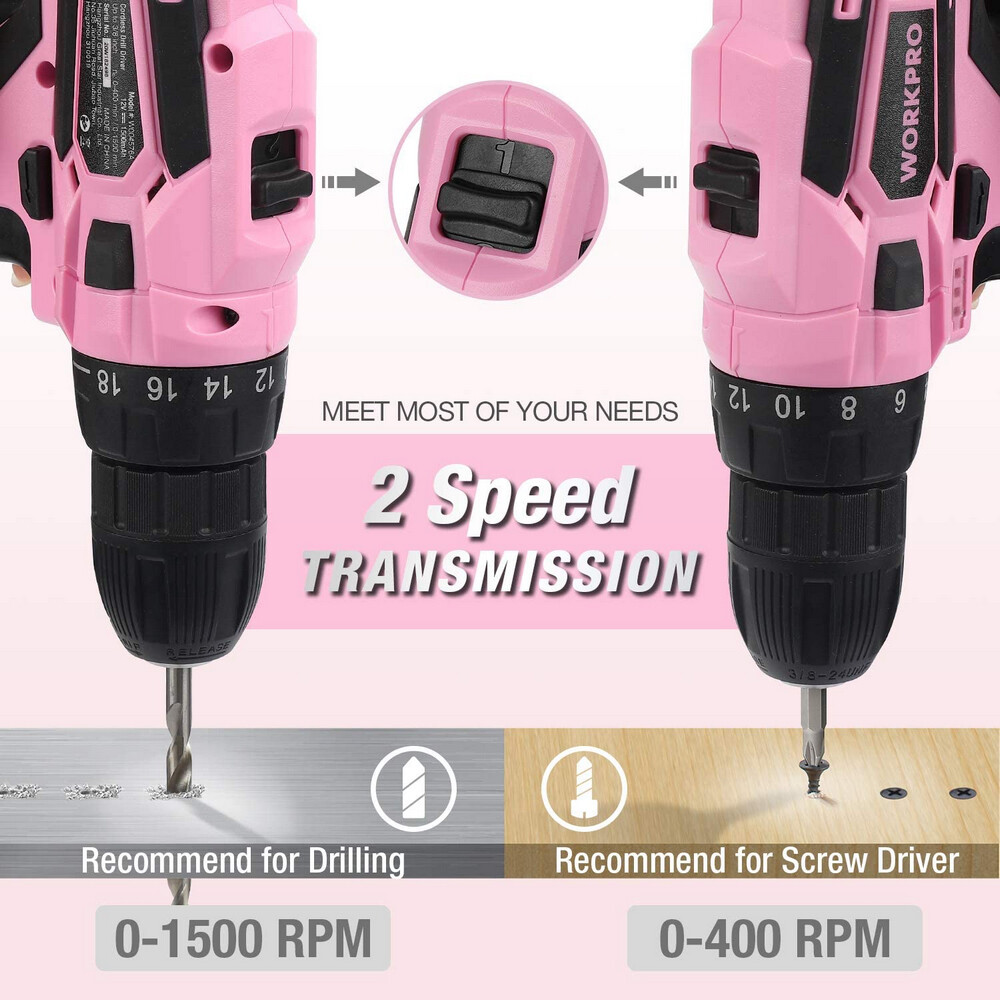 WORKPRO 12V Pink Cordless Drill Driver Set Home Tool 61PC Hand Tool Set Bag Pink