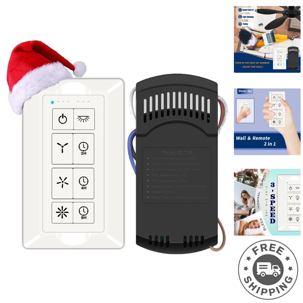 White Ceiling Fan Remote Control & Dimmer Switch with Timer Settings - 3-Speed