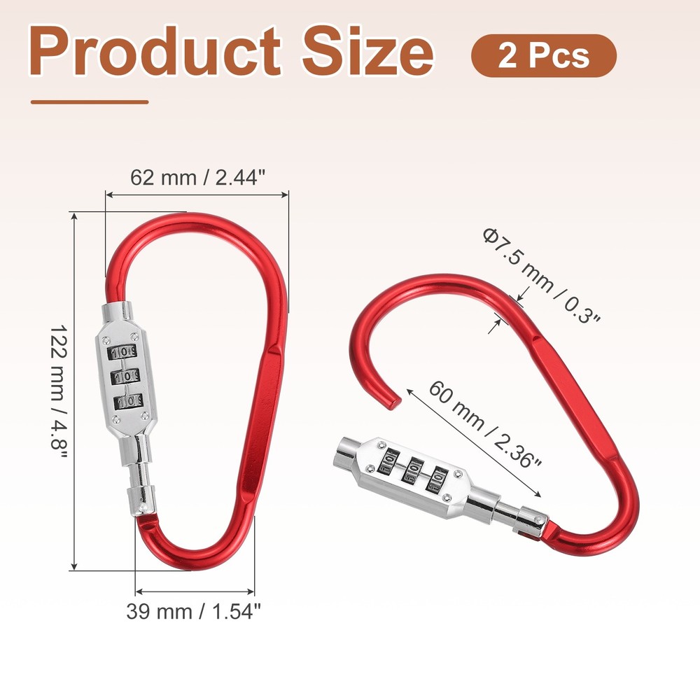 2 Pcs 4.8" x 2.4" D-Shaped 3-Digit Code Combination Lock D-Ring Clip, Red
