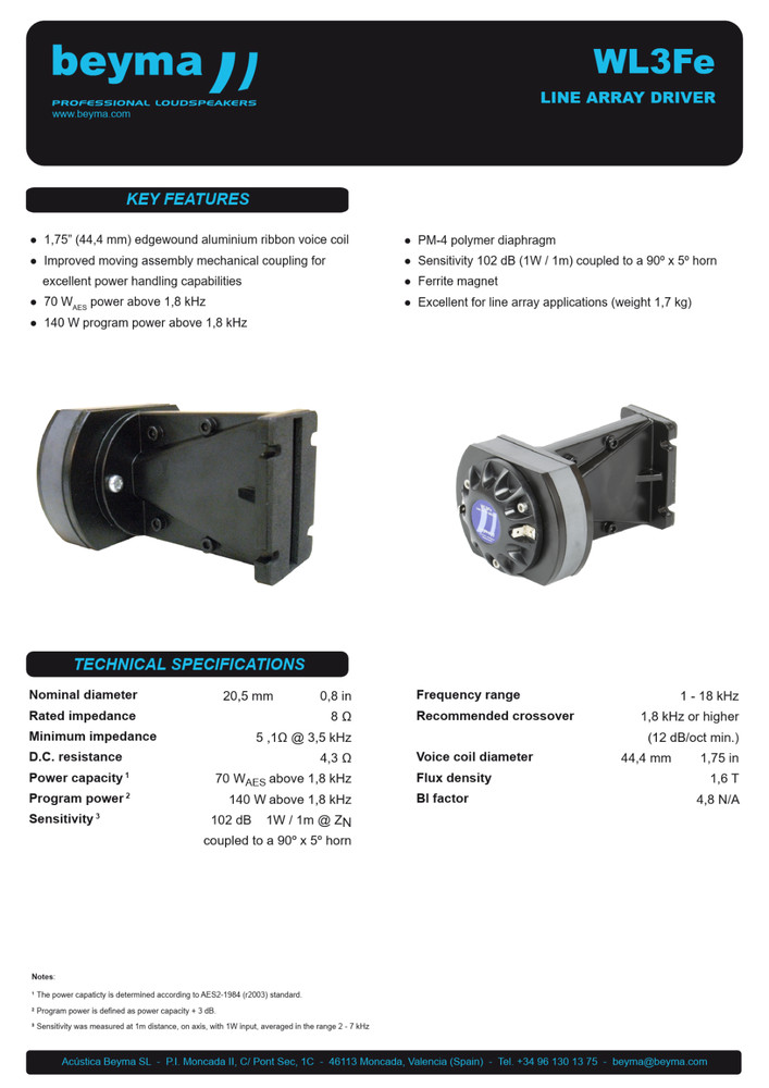 2 x Beyma WL3/fe High Frequency Professional Line Array 1" Driver 8 Ohm (Pair)