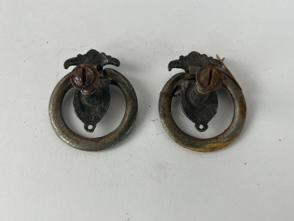 2 Antique Solid Brass Drawer Pulls - Drop Ring Pull Knobs - Victorian Colonial