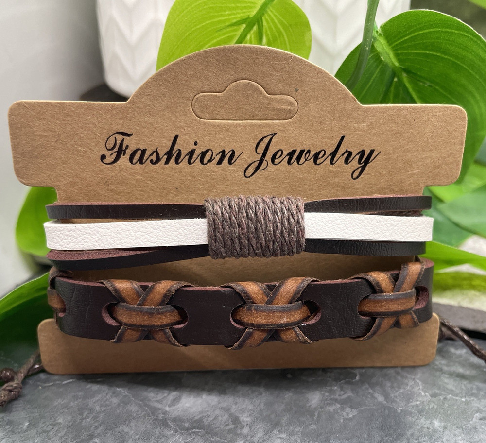 2 PC Leather Bracelet Set Stackable Adjustable Tie New Free Ship B8416
