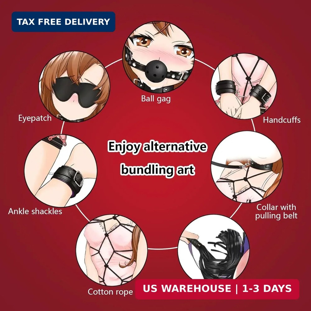 7-Pcs BDSM Kit for Beginners, Black Bondage Set for Couples with Adjustable Wris