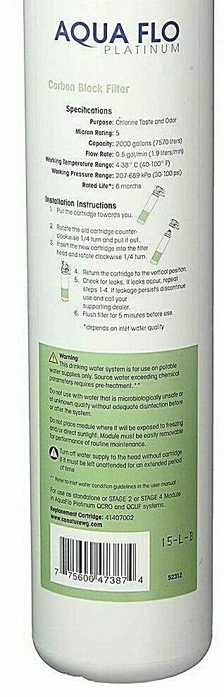 Aqua flo 41407002 Quick Change Carbon Block Water Filter 5 mic New