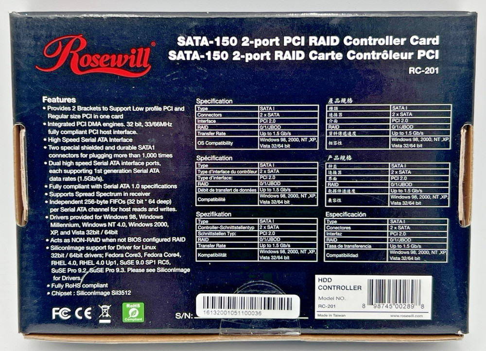 (2) ROSEWILL RC-201 SATA-150 PCI RAID CONTROLLER CARD 2-PORT