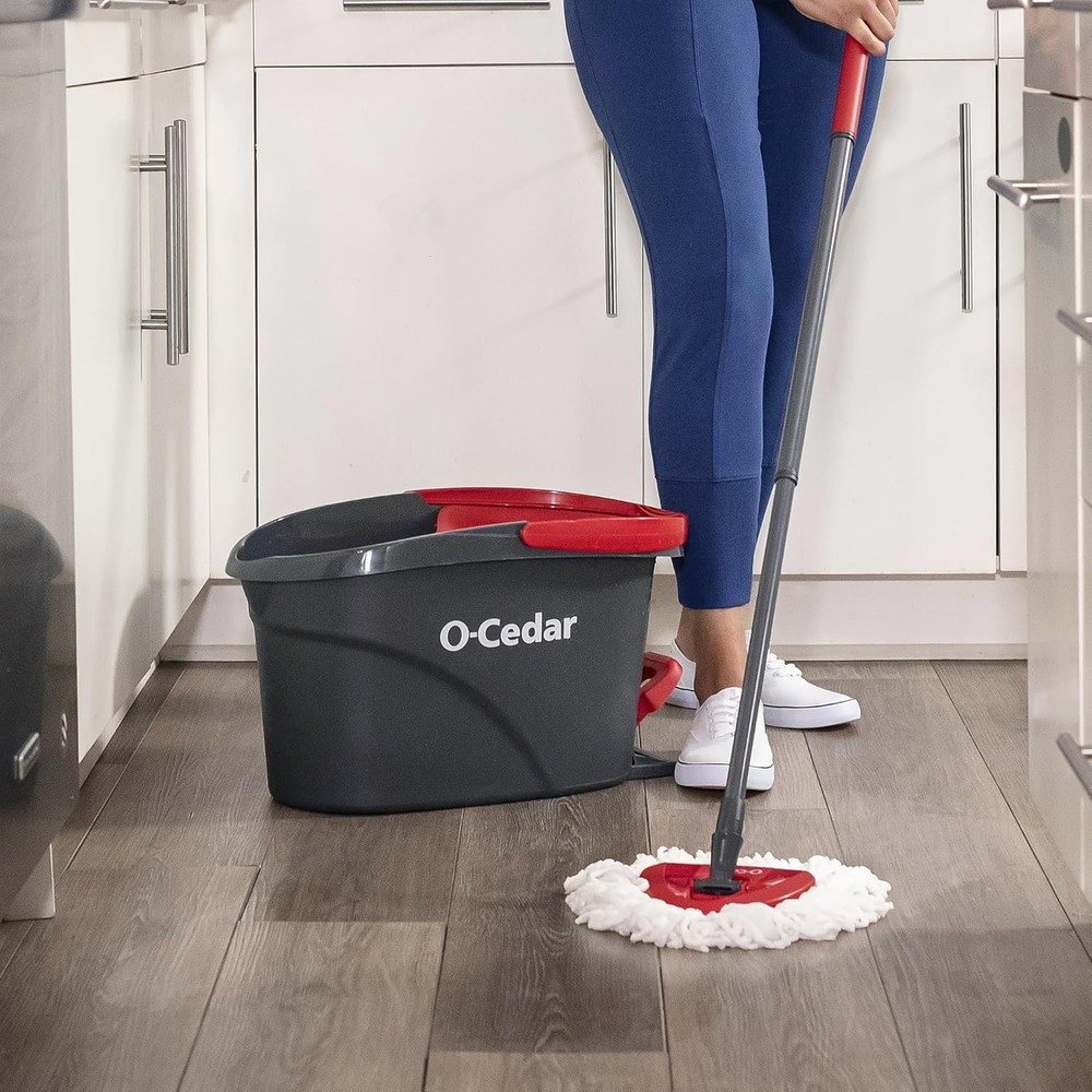O-Cedar EasyWring Microfiber Spin Mop, Bucket Floor Cleaning System, Red, Gray