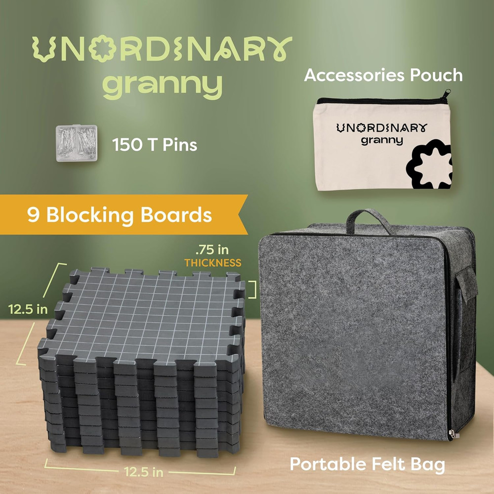 Crochet Blocking Board Set – 9 Extra Thick Interlocking Mats with Grid, 150 T-Pi