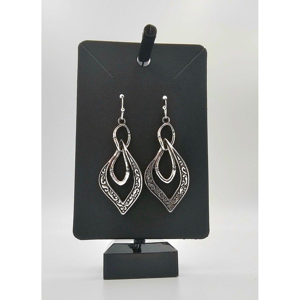 SILVER TONE FILIGREE TEARDROP DANGLE EARRINGS Boho Scroll Design