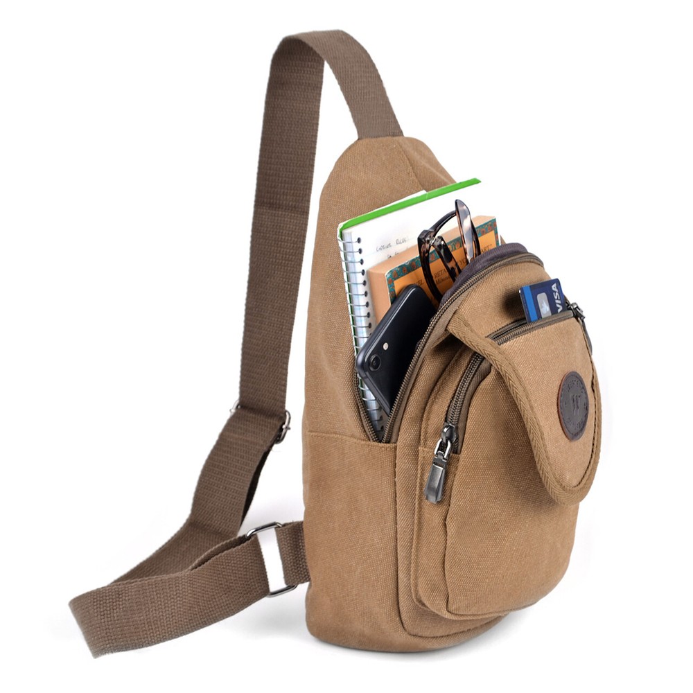Practical Brown Crossbody Canvas Sling Bag Zip Backpack With Adjustable Strap