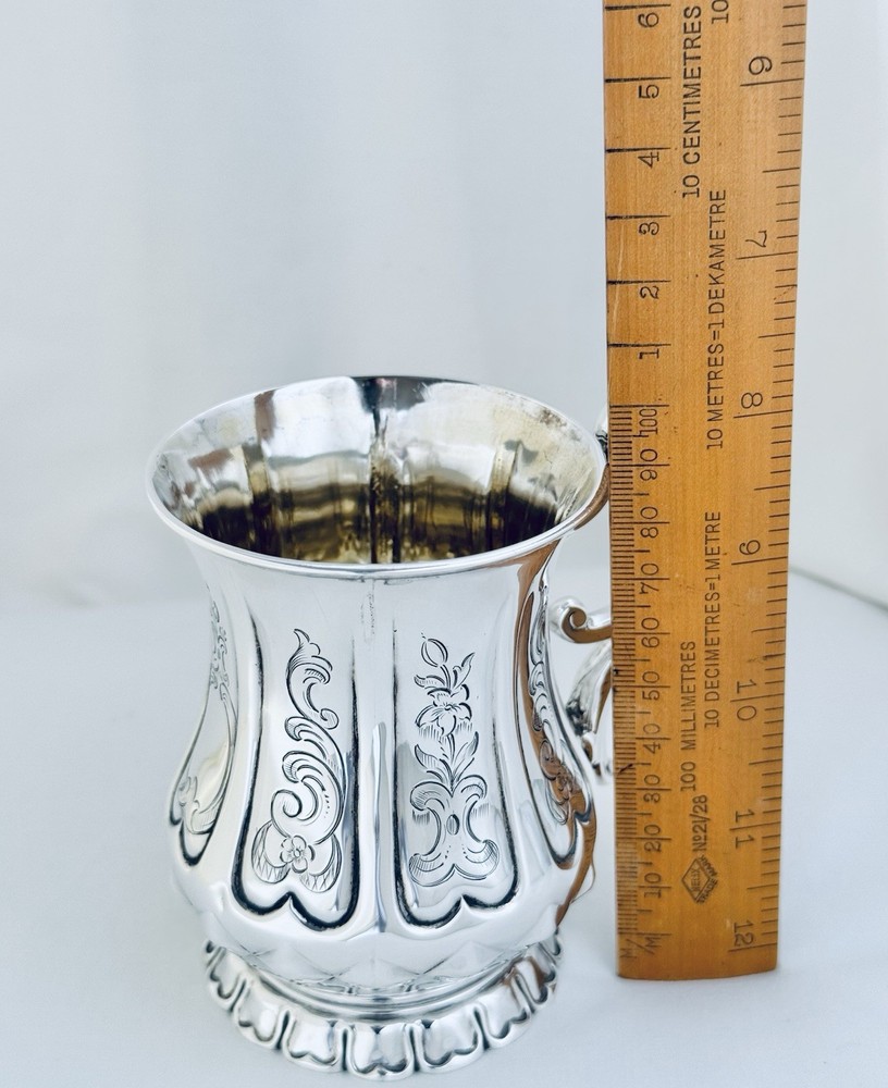 Antique Victorian Solid Sterling Silver Mug Scroll Handle Sheffield 1850