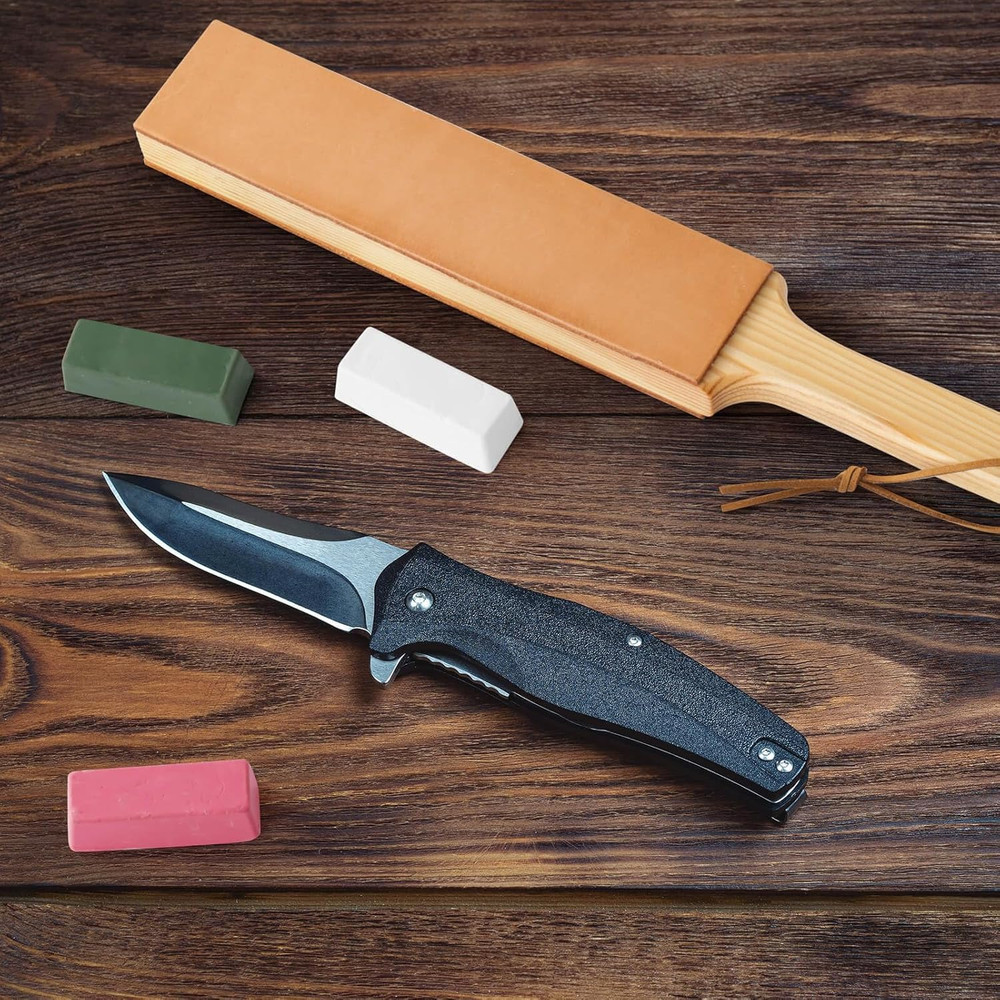 ANGERSTONE Double Side Leather Strop for Knife Sharpening - 14"X 2" Stropping Bl