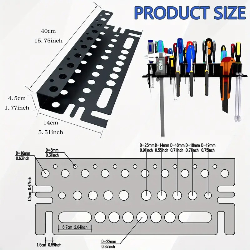 Wall-Mounted Tool Organizer 40cm Metal Tool Holder Storage Rack for Wrenches.