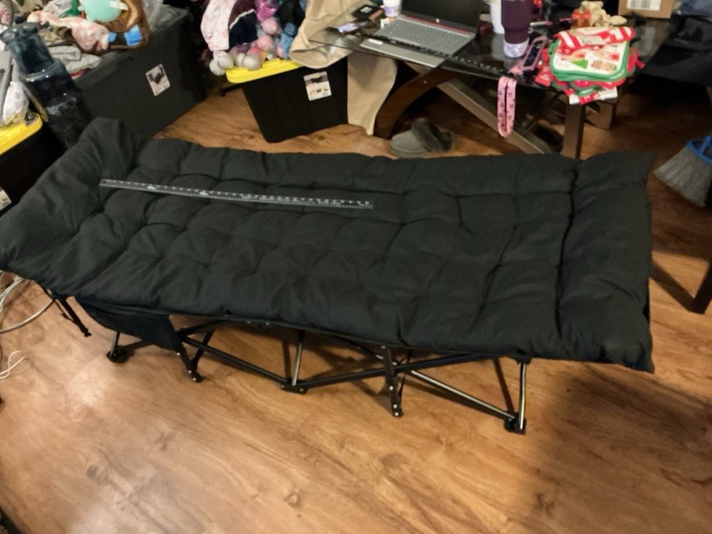 Foldable Portable Black Camping Cot And Mattress Pad