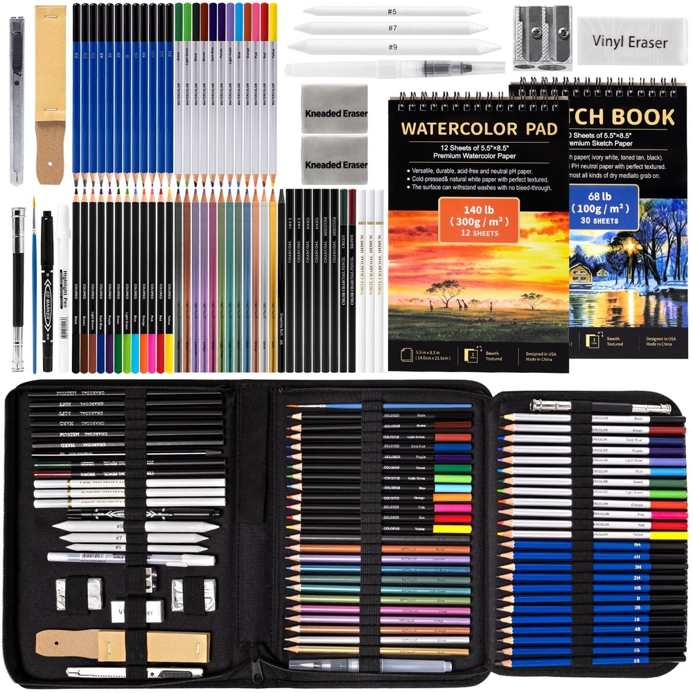 Art Supplies Drawing Pencils Set - 76 Pack Pro Sketching Kit with Sketchbook ...