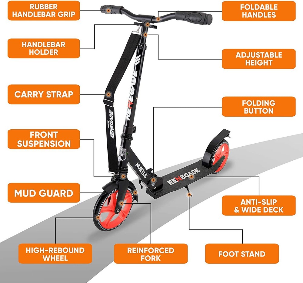 Hurtle Adjustable Lightweight and Foldable Kick Scooter High Impact Wheels Black