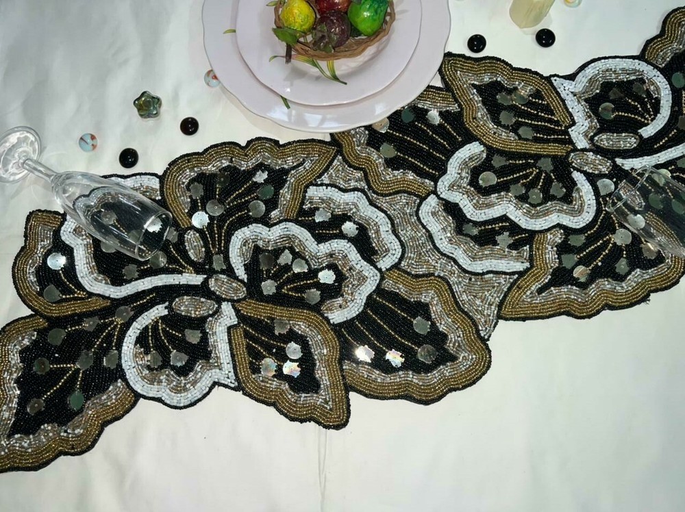 Black Table Runner Beaded Leaves Table Runner Designer Table Topper 13X36 Inch