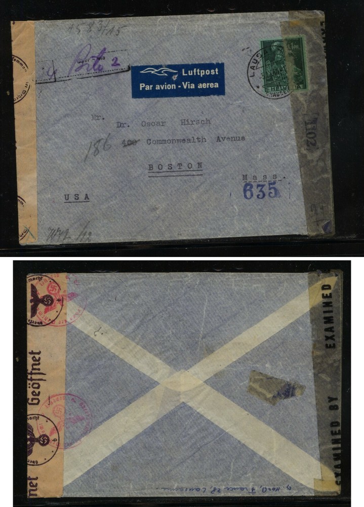 Switzerland double censor cover to Boston, US     KL0915