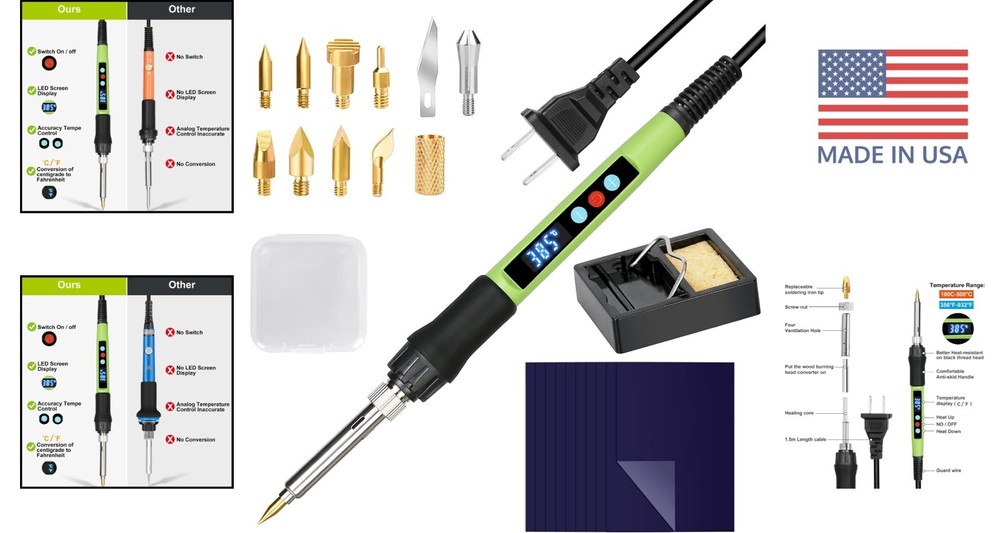 Wood Burning Pen Tool - Adjustable Temp Switch, LED Display, Multifunctional Kit
