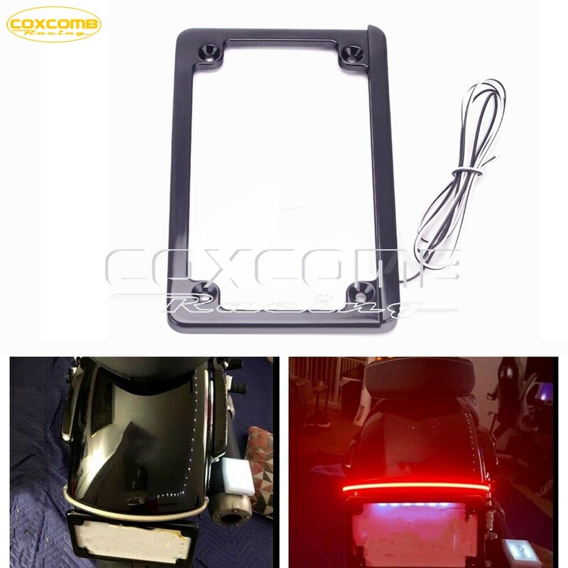 Custom Horizontal LED Light Motorcycle License Plate Frame Mount Holder in Black