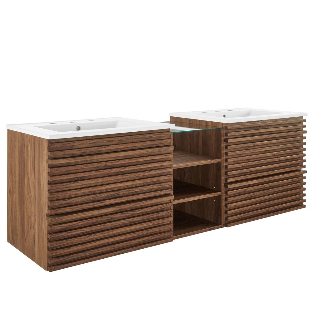 Render 62" Wall-Mount Double Sink Bathroom Vanity in Walnut White