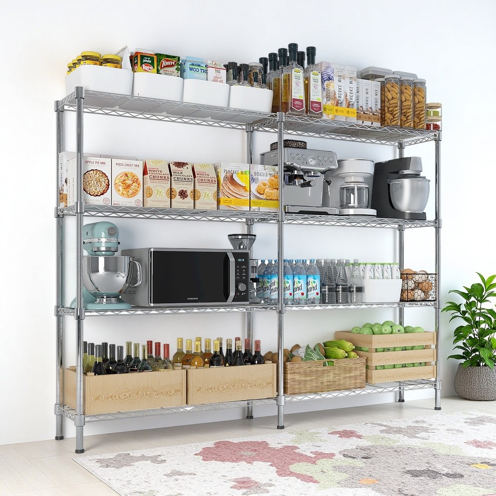 4-Tier Wire Shelving Unit 2-Column - Heavy Duty, Adjustable, Modular & Silver