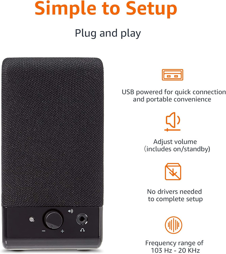 Usb-Powered Computer Speakers for Desktop or Laptop PC, Volume Control, Black